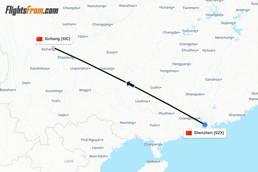 Flights from Shenzhen to Xichang route map