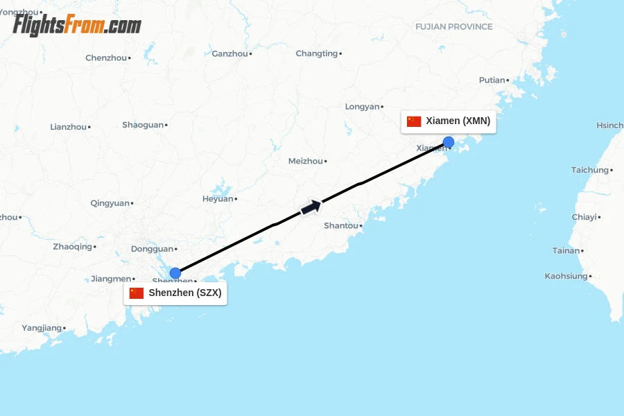 Flights from Shenzhen to Xiamen route map