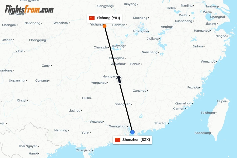 Flights from Shenzhen to Yichang route map