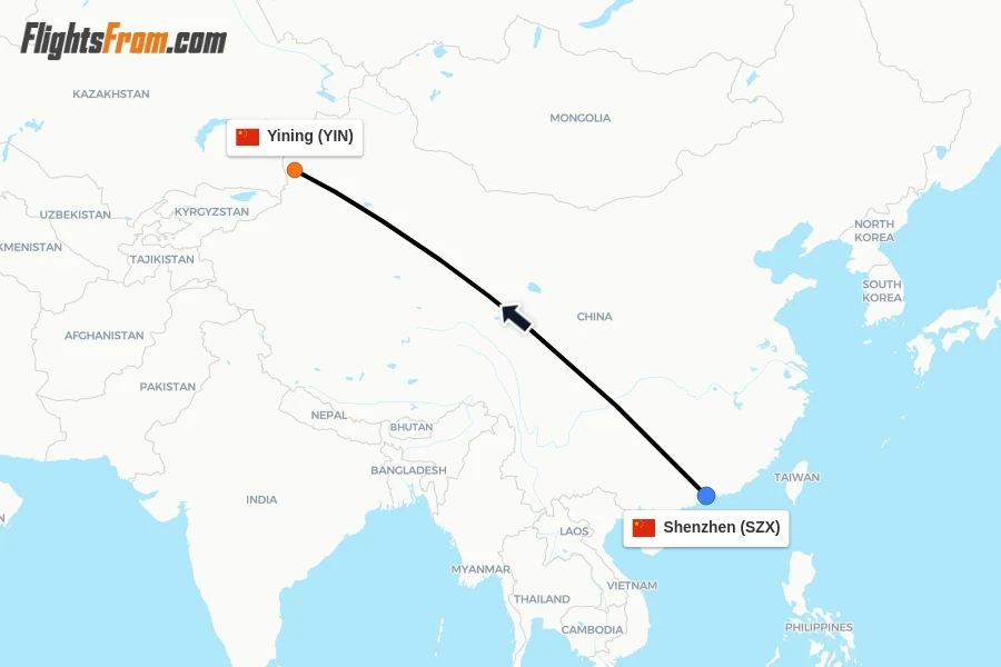 Flights from Shenzhen to Yining route map
