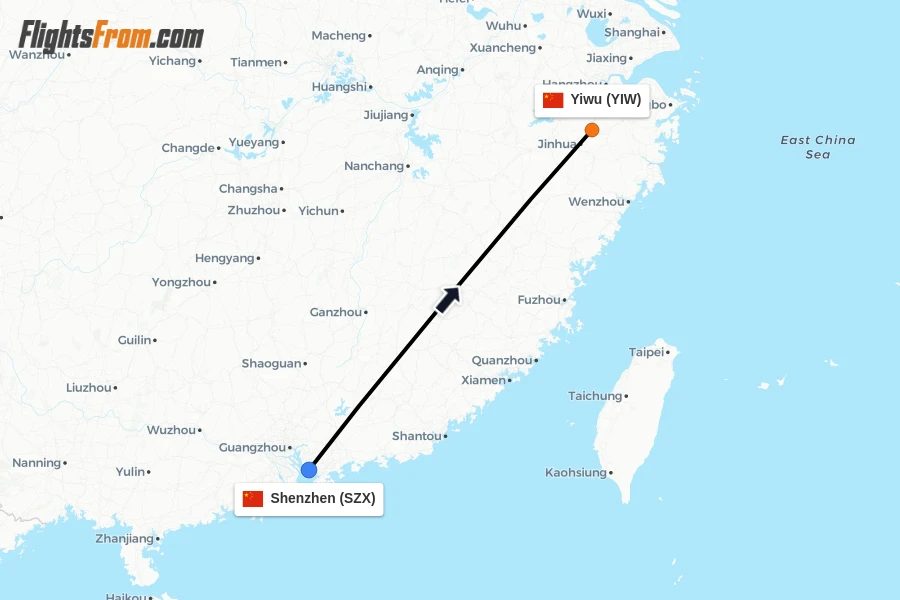Flights from Shenzhen to Yiwu route map