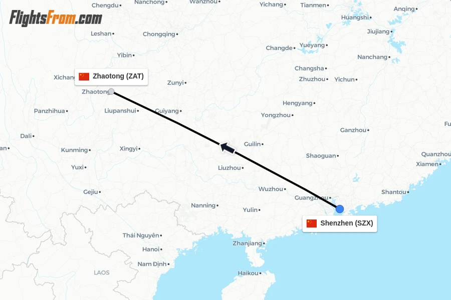 Flights from Shenzhen to Zhaotong route map