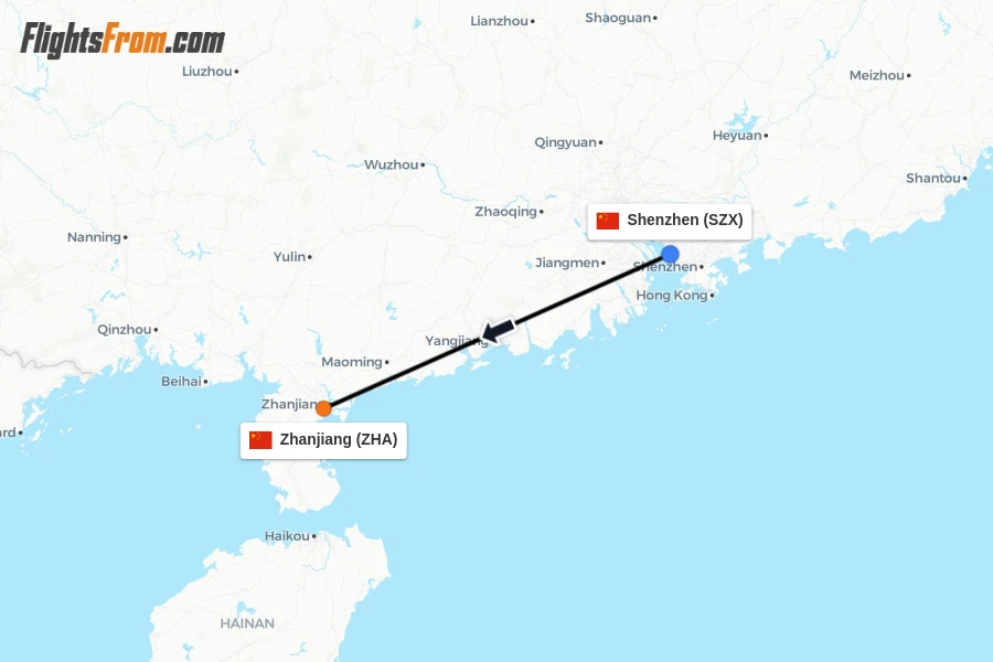 Flights from Shenzhen to Zhanjiang route map