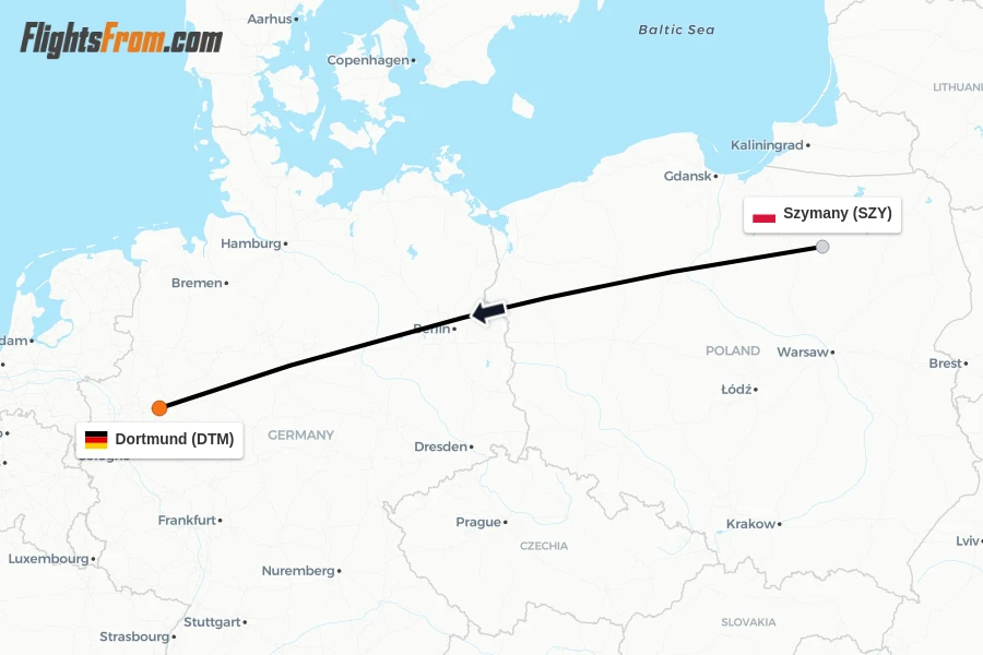 Flights from Szymany to Dortmund route map