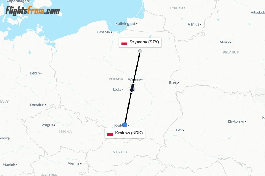 Flights from Szymany to Krakow route map