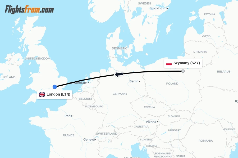 Flights from Szymany to London route map