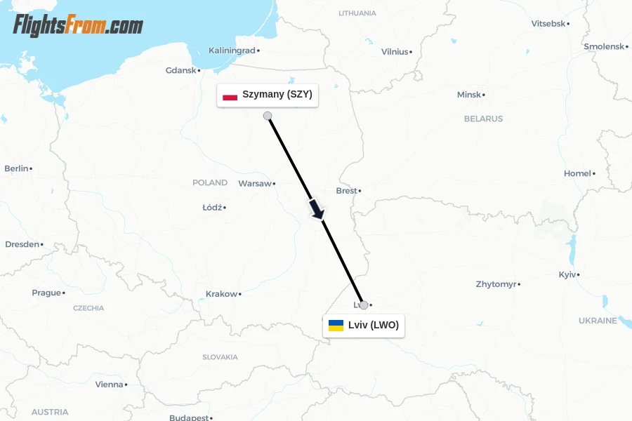Flights from Szymany to Lviv route map