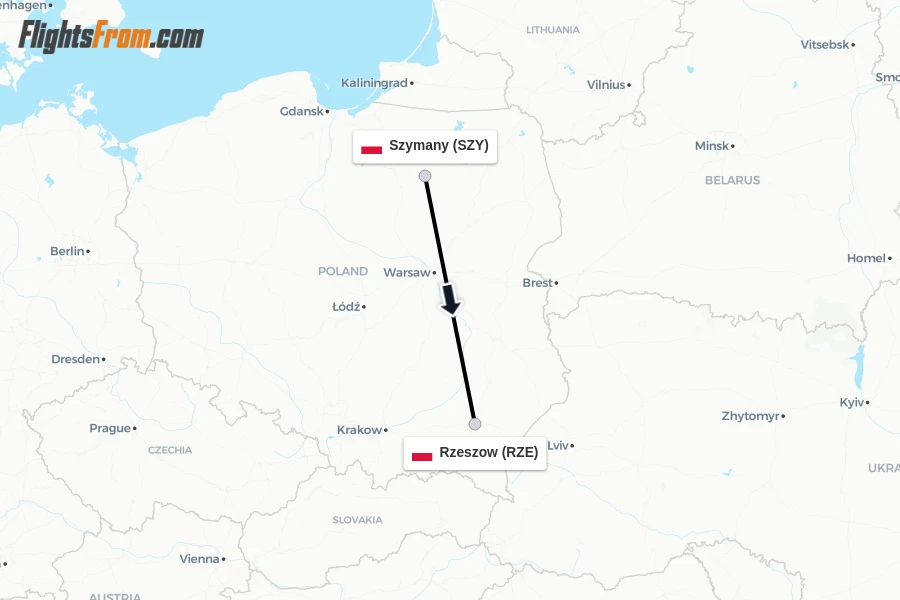 Flights from Szymany to Rzeszow route map