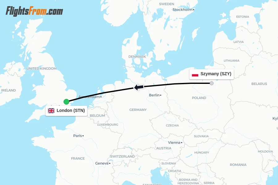 Flights from Szymany to London route map