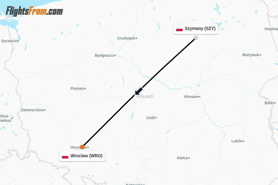 Flights from Szymany to Wroclaw route map