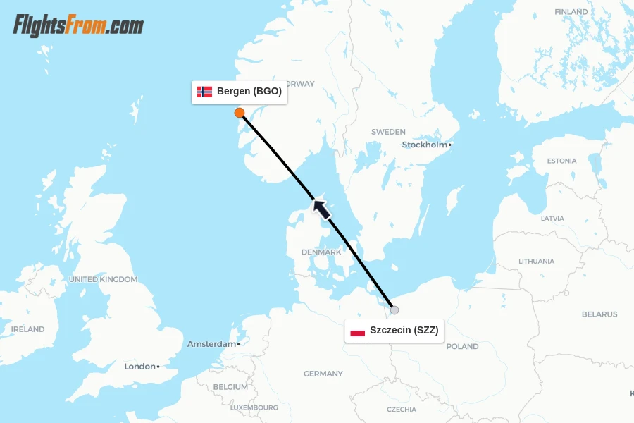 Flights from Szczecin to Bergen route map