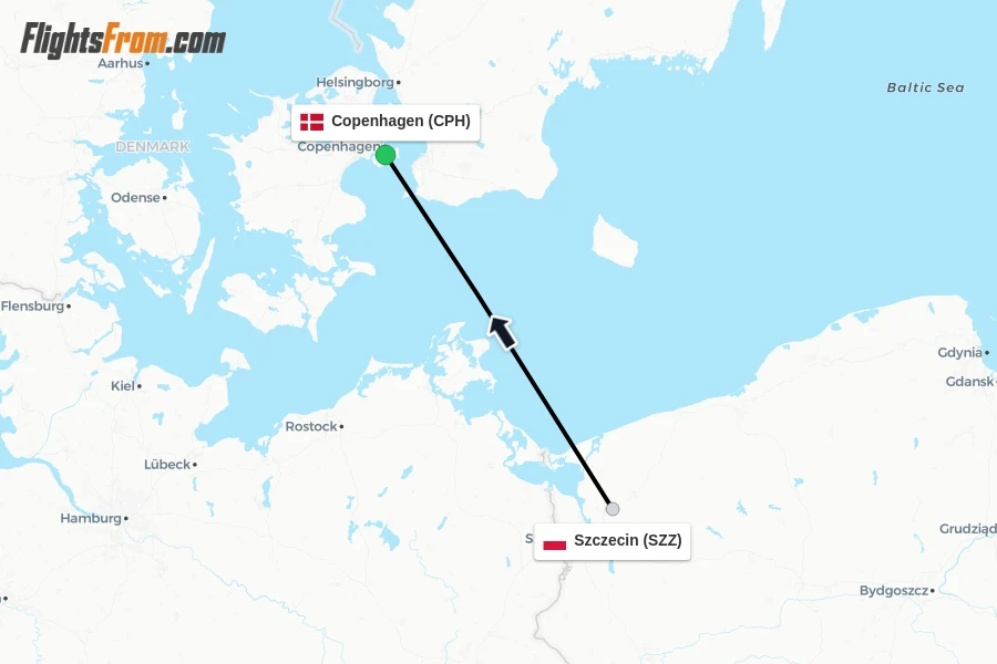 Flights from Szczecin to Copenhagen route map