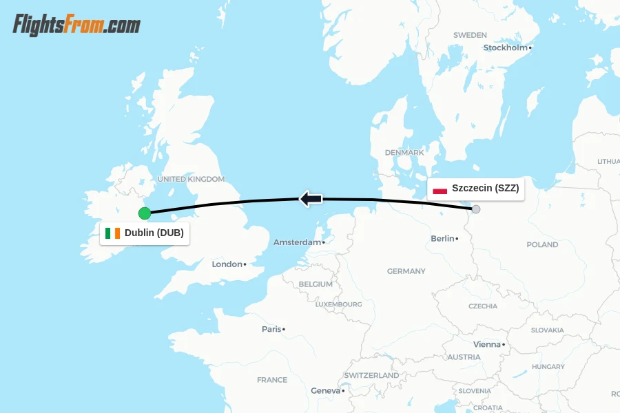 Flights from Szczecin to Dublin route map