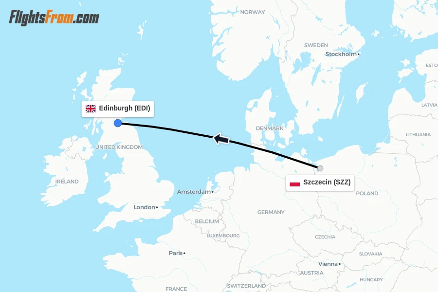 Flights from Szczecin to Edinburgh route map