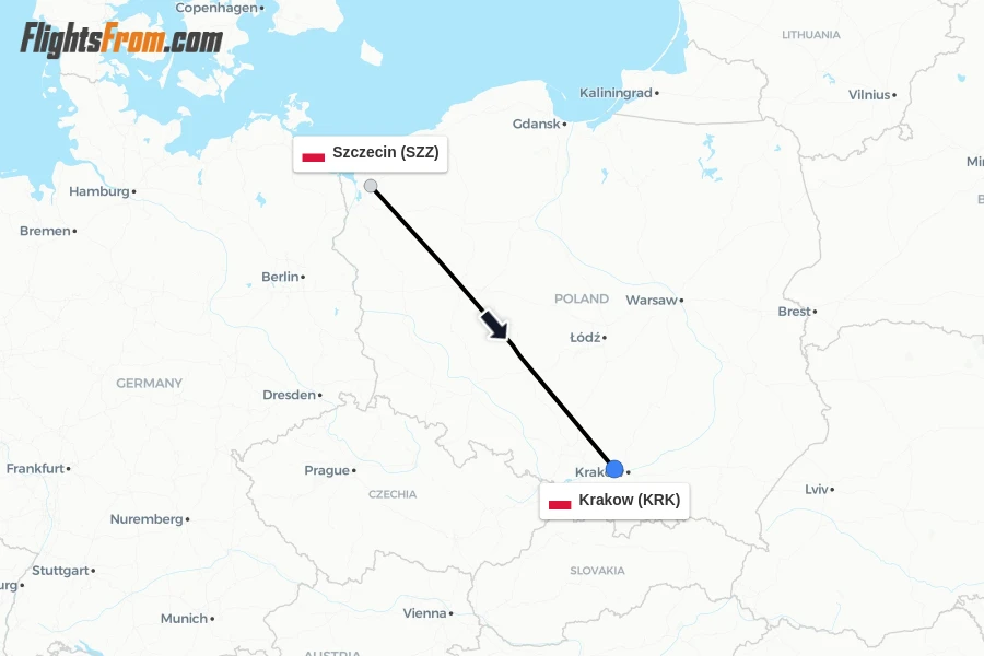 Flights from Szczecin to Krakow route map