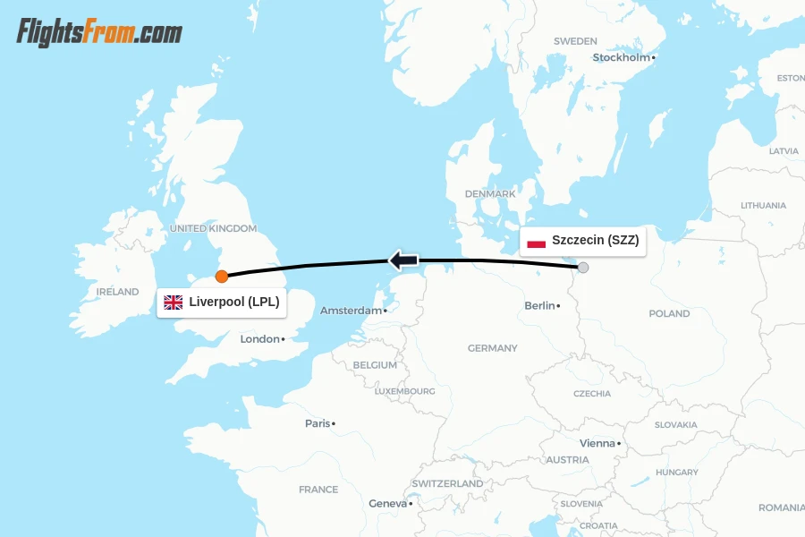Flights from Szczecin to Liverpool route map
