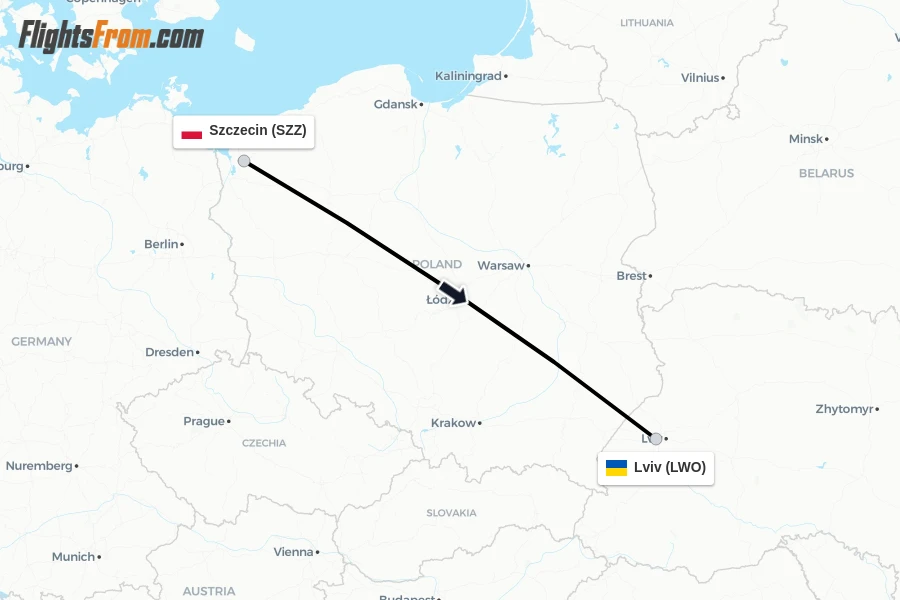 Flights from Szczecin to Lviv route map