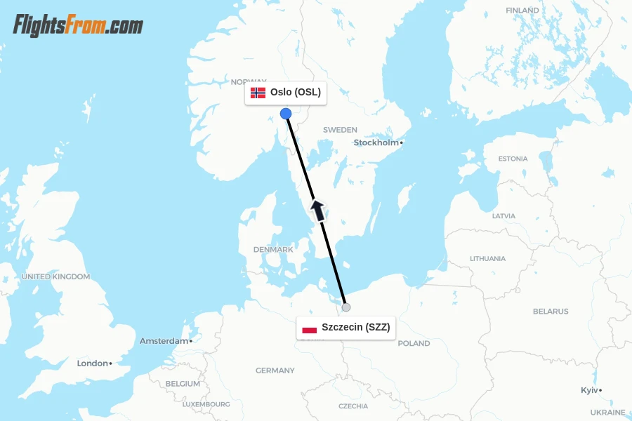 Flights from Szczecin to Oslo route map
