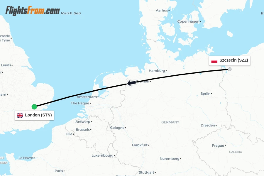 Flights from Szczecin to London route map
