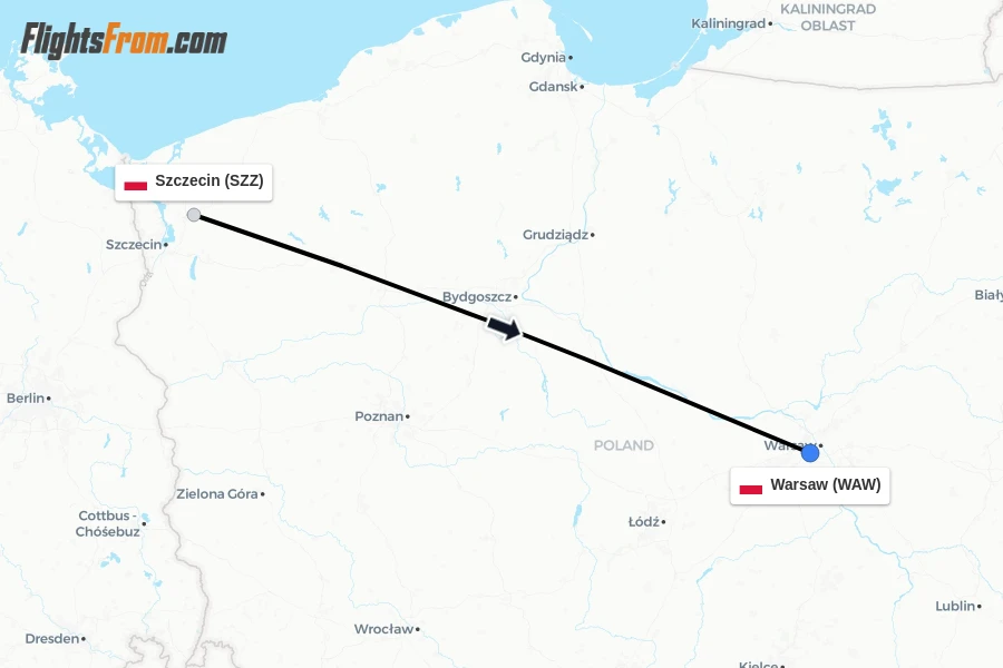 Flights from Szczecin to Warsaw route map