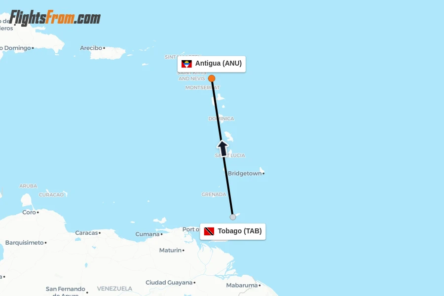 Flights from Tobago to Antigua route map