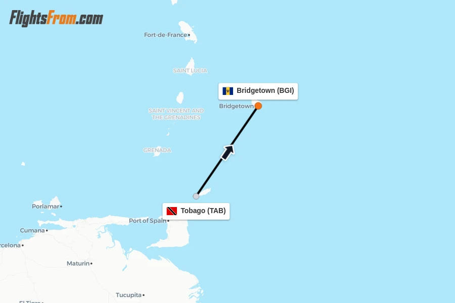 Flights from Tobago to Bridgetown route map
