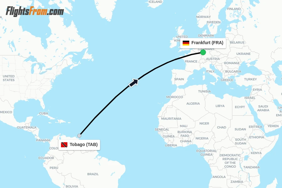 Flights from Tobago to Frankfurt route map
