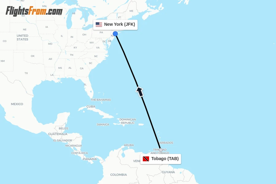 Flights from Tobago to New York route map