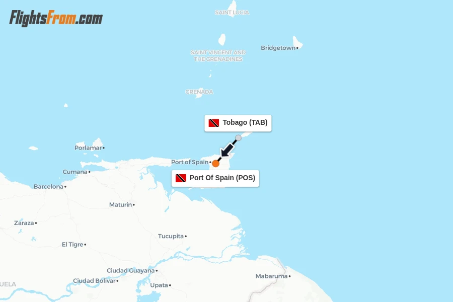 Flights from Tobago to Port Of Spain route map