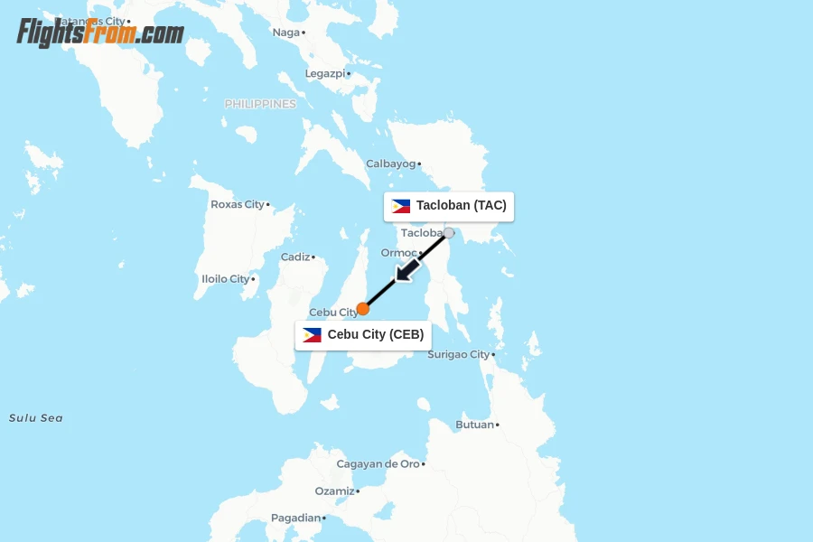 Flights from Tacloban to Cebu City route map