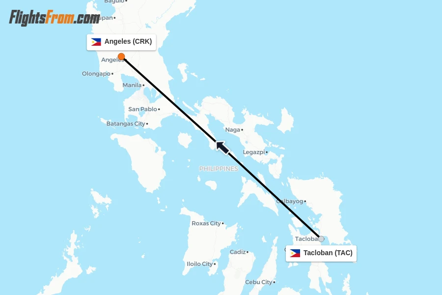 Flights from Tacloban to Angeles route map