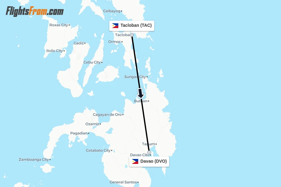 Flights from Tacloban to Davao route map