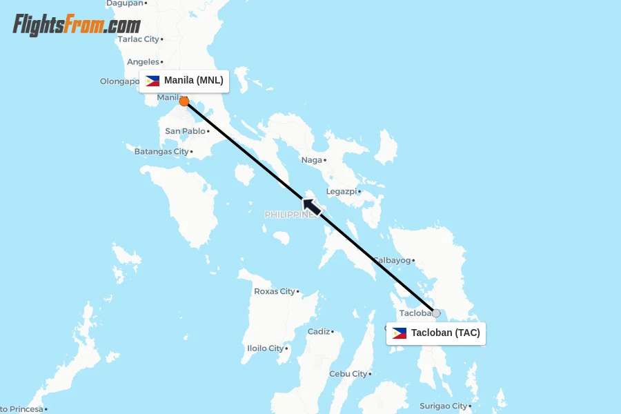 Flights from Tacloban to Manila route map