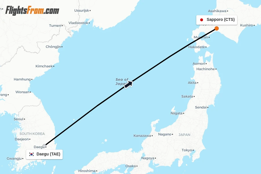 Flights from Daegu to Sapporo route map