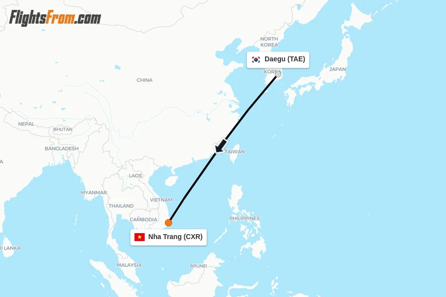 Flights from Daegu to Nha Trang route map