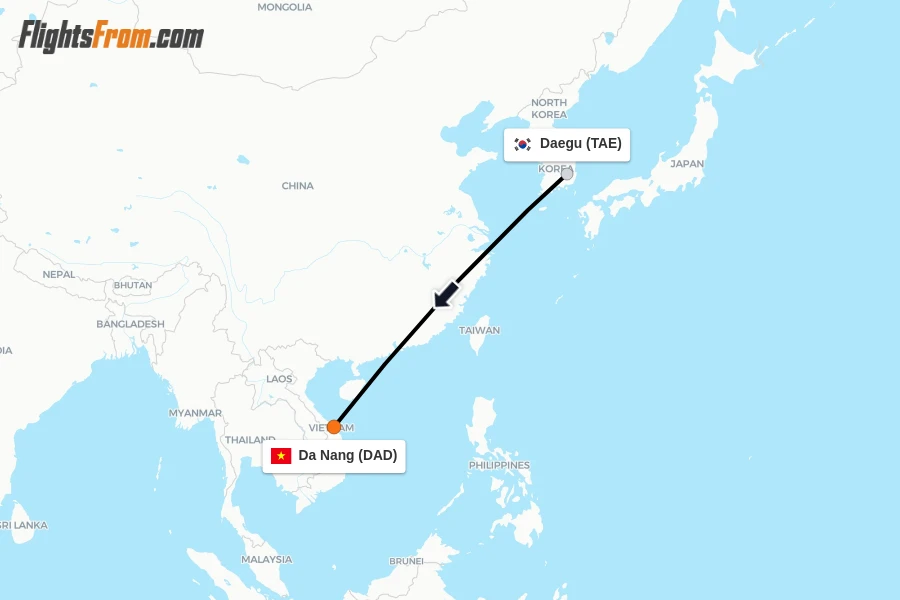 Flights from Daegu to Da Nang route map