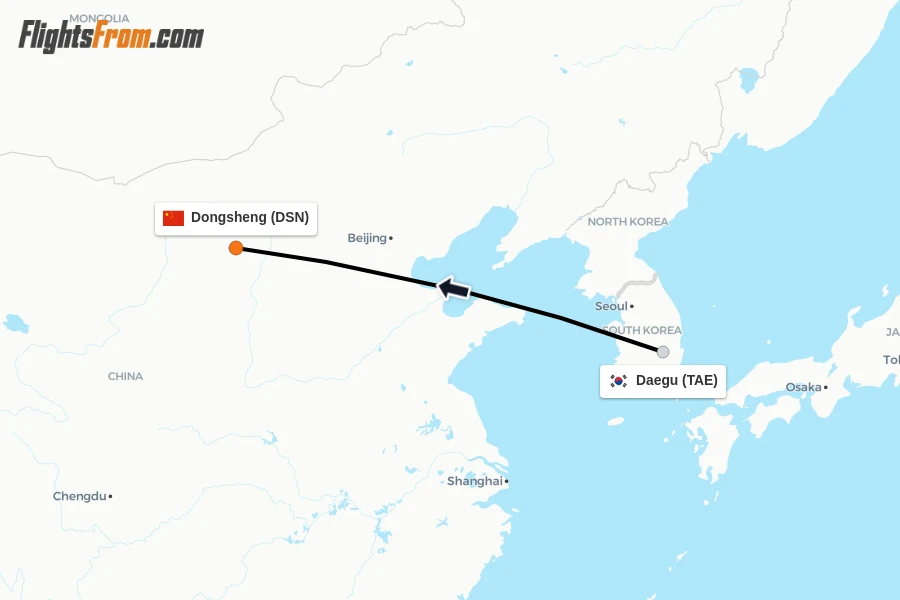 Flights from Daegu to Dongsheng route map