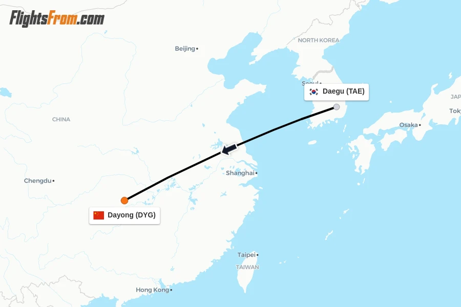 Flights from Daegu to Dayong route map