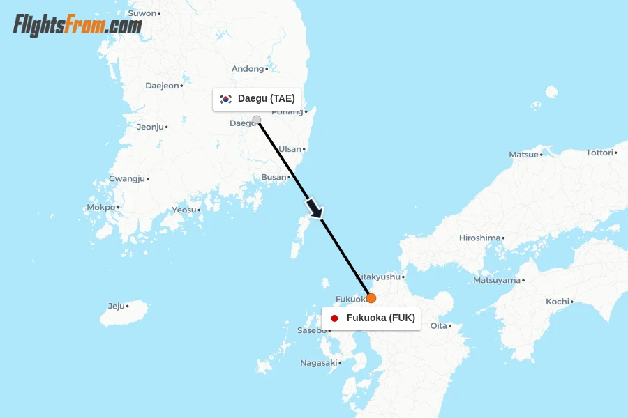 Flights from Daegu to Fukuoka route map