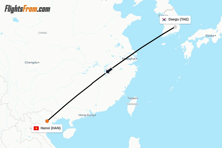 Flights from Daegu to Hanoi route map