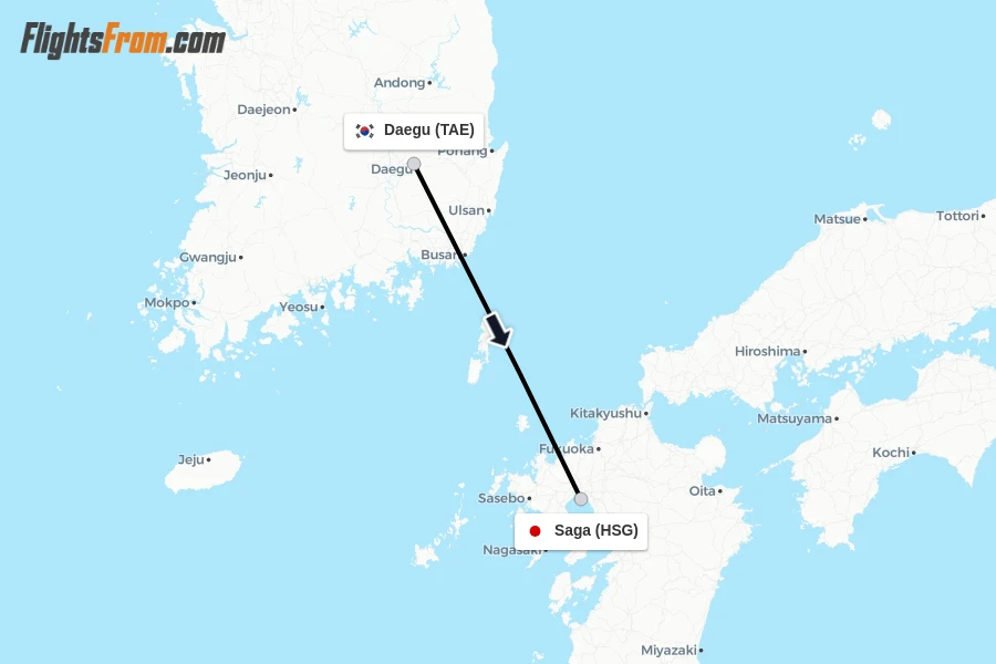 Flights from Daegu to Saga route map