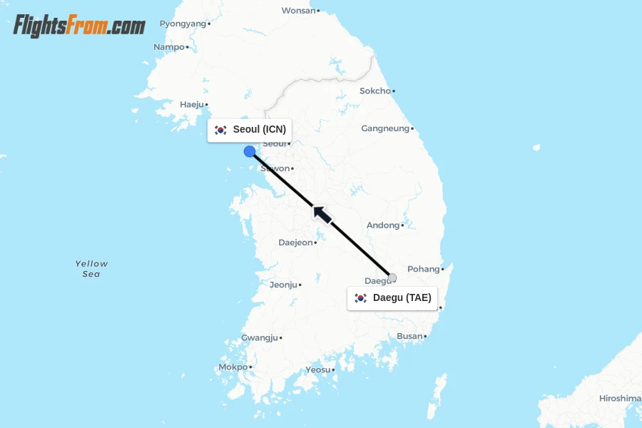 Flights from Daegu to Seoul route map