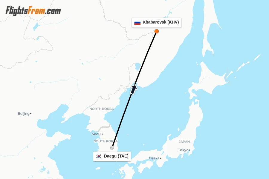 Flights from Daegu to Khabarovsk route map