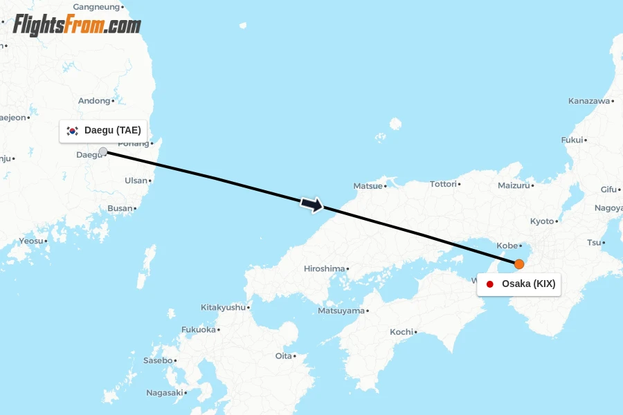 Flights from Daegu to Osaka route map