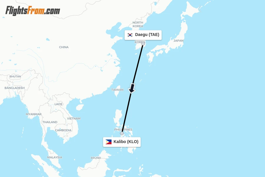 Flights from Daegu to Kalibo route map