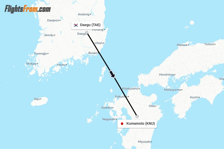 Flights from Daegu to Kumamoto route map