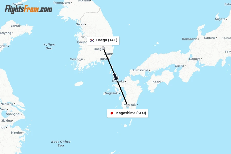 Flights from Daegu to Kagoshima route map