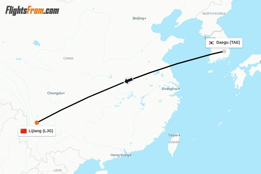 Flights from Daegu to Lijiang route map