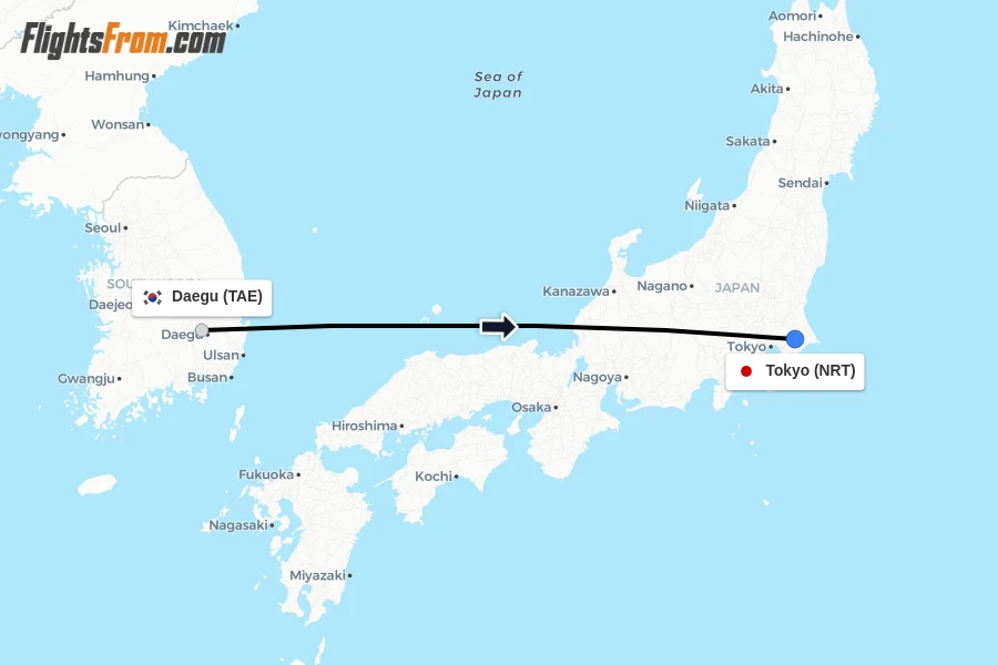 Flights from Daegu to Tokyo route map