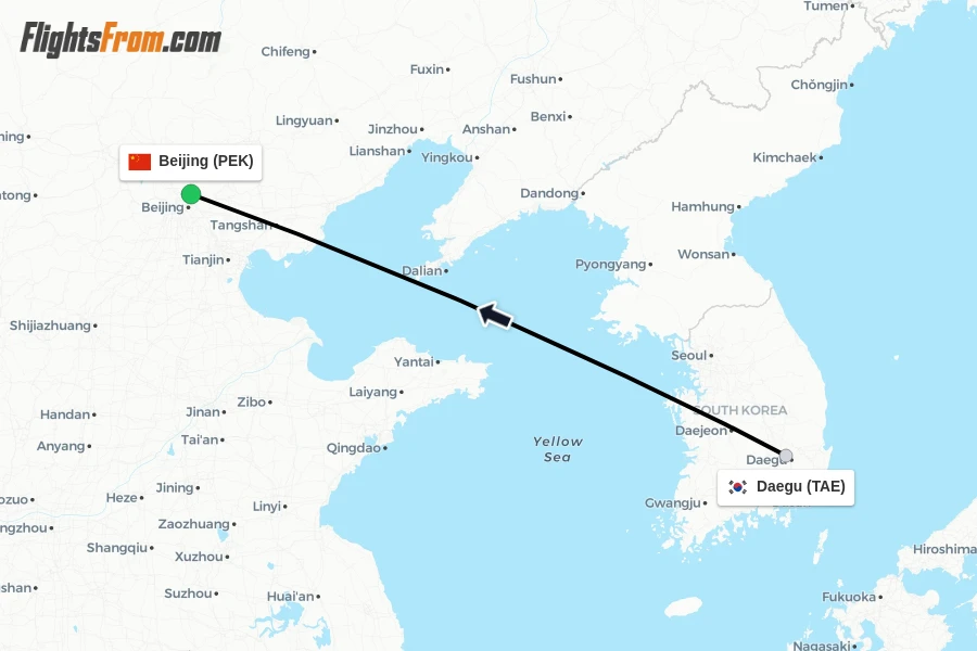 Flights from Daegu to Beijing route map